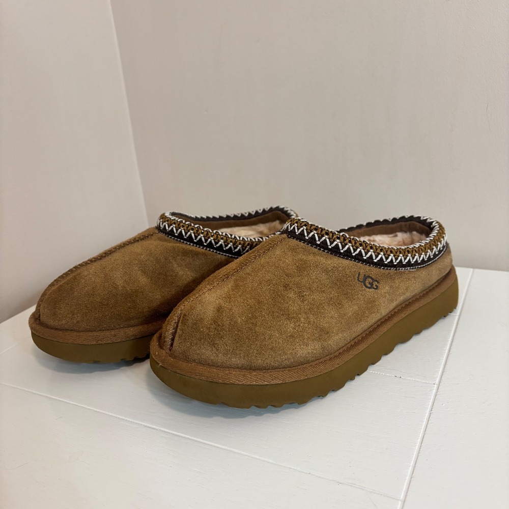 UGG Tasman Chestnut Suede Slippers Women 7 5955 Brown Embroidered Braid Slip On
